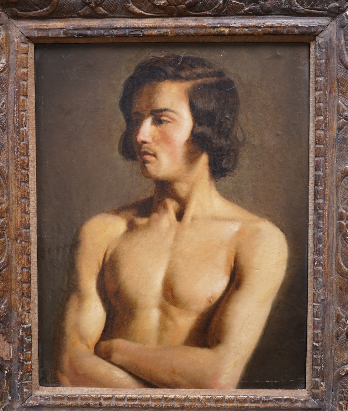 French School 19th century, Half-length study of a nude man standing